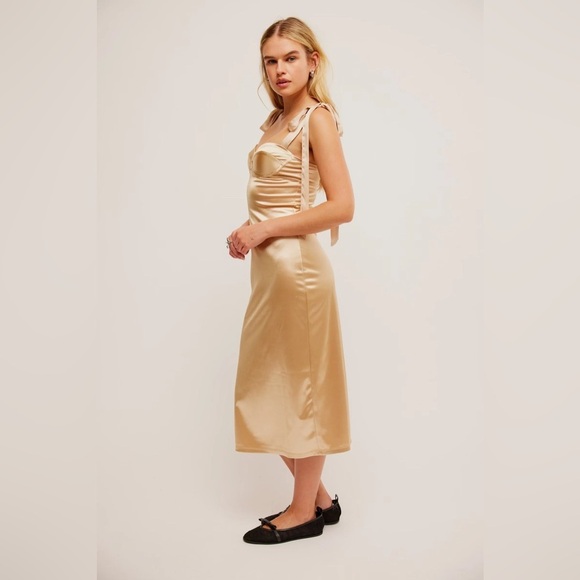 Free People Casino Got Glam Tie Strap Gold Satin Midi Dress - Picture 3 of 11